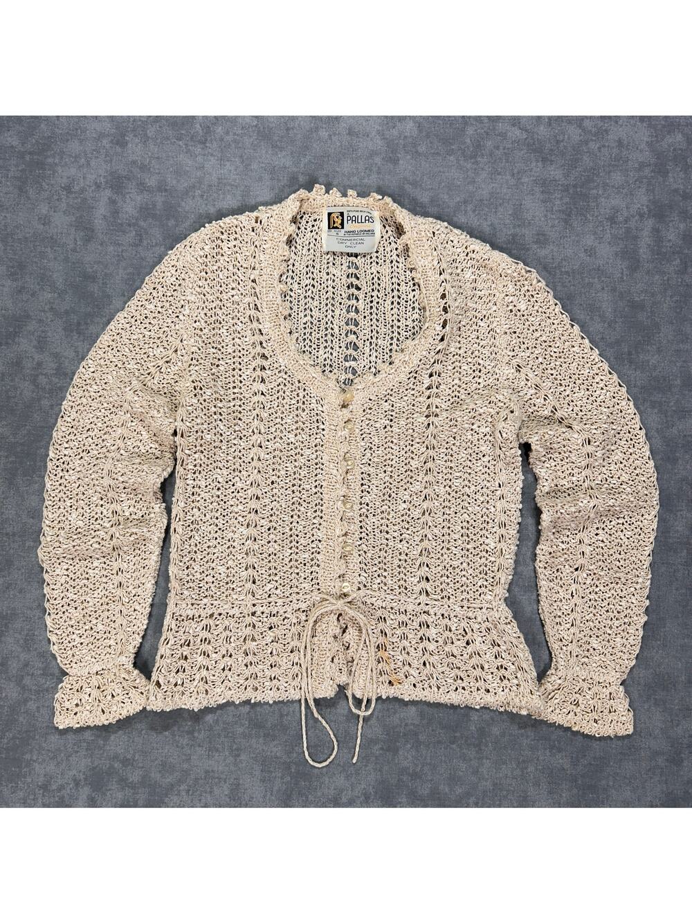 VTG 70s Pallas Original Pure irish linen hand loomed open knit cardigan wms S
